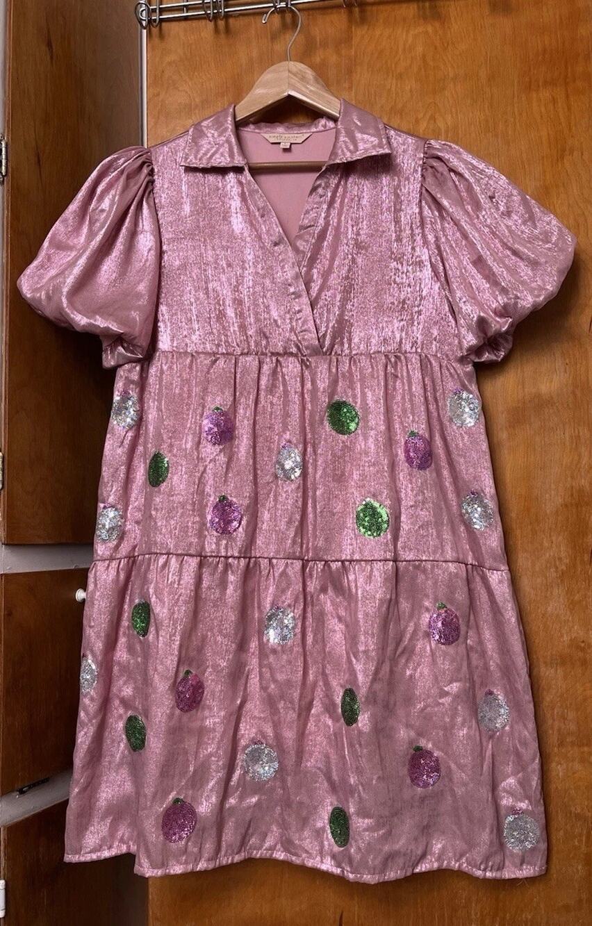 Pink Sparkly Tiered Metallic Christmas Holiday Dress Sequin Ornaments Size L